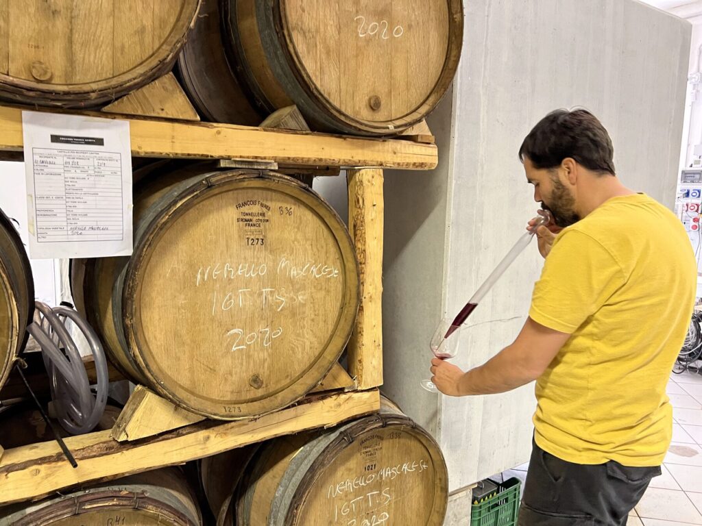 Eduardo Torres Acosta drawing wine from a barrel in his cellar